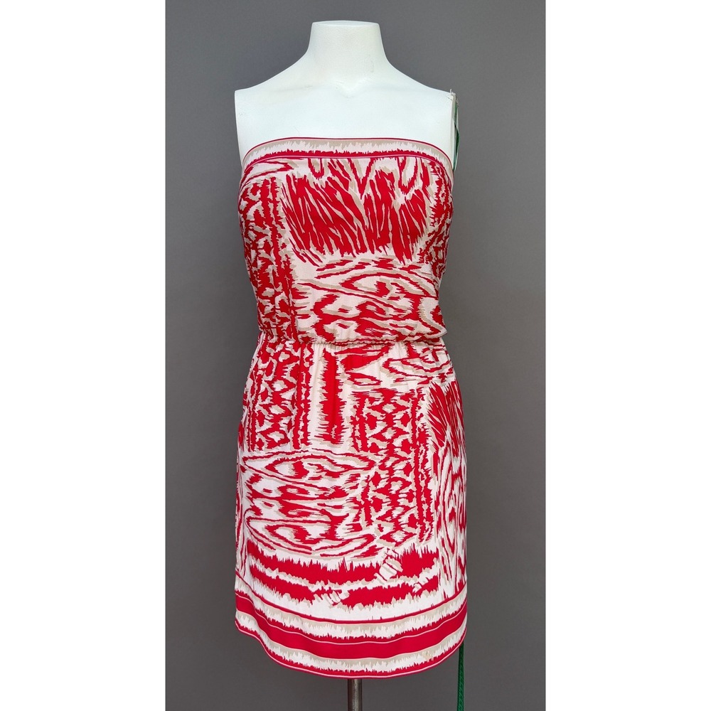 BCBGMAXAZRIA Strapless Mini Dress S Red Cream Ikat Print Pockets Summer Blouson